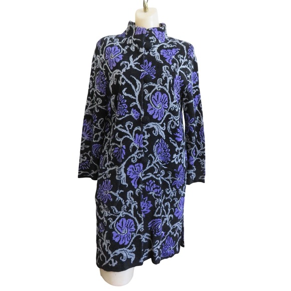 Brenda French French Rags Floral Knit Cardigan Duster Jacket Small Black Purple - Picture 1 of 9